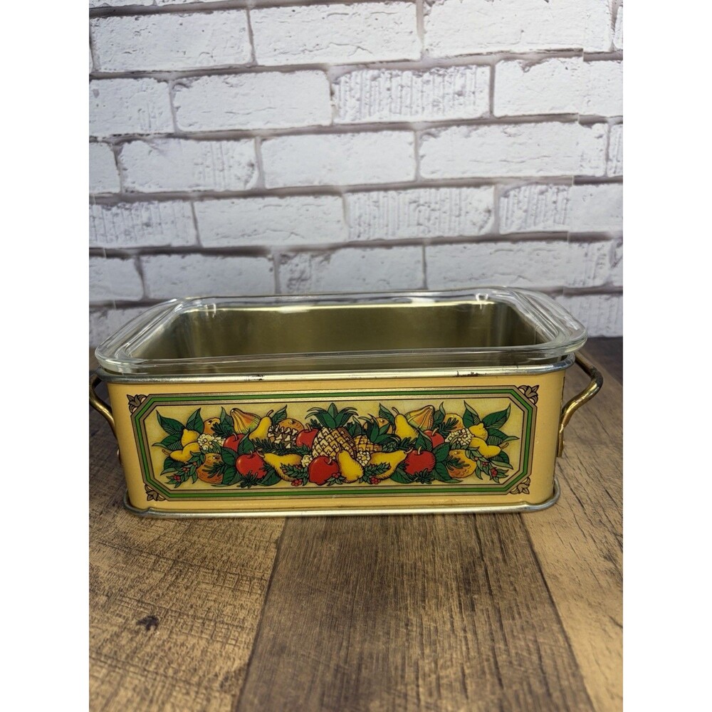 Teleflora Pyrex 213 Glass Loaf Pan Set With Decorative Tin Holder Harvest Fruit